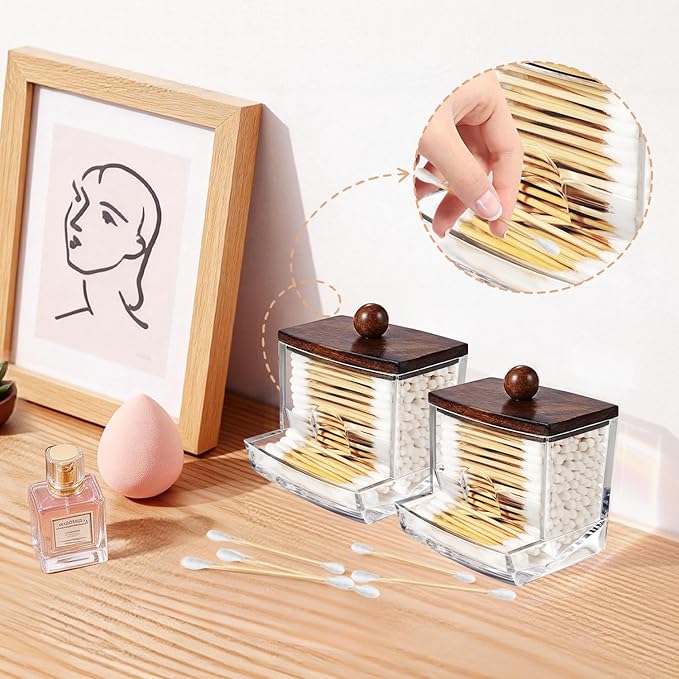 SheeChung 10Oz Acrylic Qtip Holder Dispenser for Cotton Swab, Clear Plastic Containers Apothecary Jars, Wood Lid, Bathroom Accessories, Vanity Organizers and Storage, Home Essentials-Dark Brown