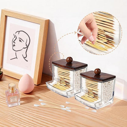 SheeChung 10Oz Acrylic Qtip Holder Dispenser for Cotton Swab, Clear Plastic Containers Apothecary Jars, Wood Lid, Bathroom Accessories, Vanity Organizers and Storage, Home Essentials-Dark Brown