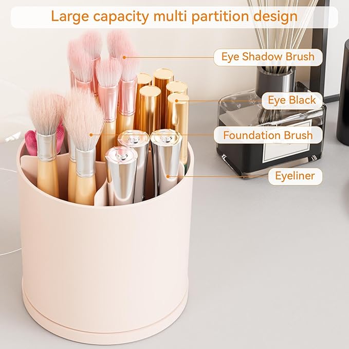 Yieach Rotating Acrylic Makeup Brush Holder with Lid for Vanity,Bathroom,Countertop,Covered Makeup Brushes Organizer,Round Spinning Cosmetic Brushes Holder and Make up Brush Storage with Cover,Pink