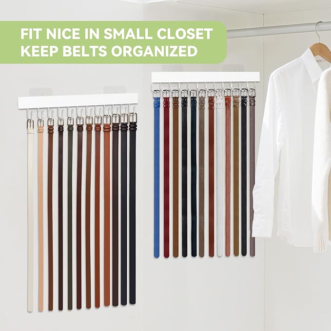 Belt Hanger Wall Mount, Adhesive Wooden Closet Belt Organizer with 24 Metal Hooks, Large Capacity, 2 Installation Options, White, 2 Pcs