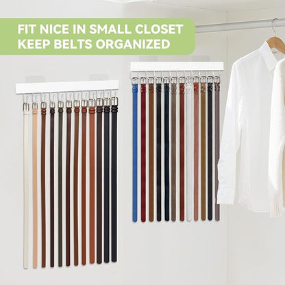 Belt Hanger Wall Mount, Adhesive Wooden Closet Belt Organizer with 24 Metal Hooks, Large Capacity, 2 Installation Options, White, 2 Pcs