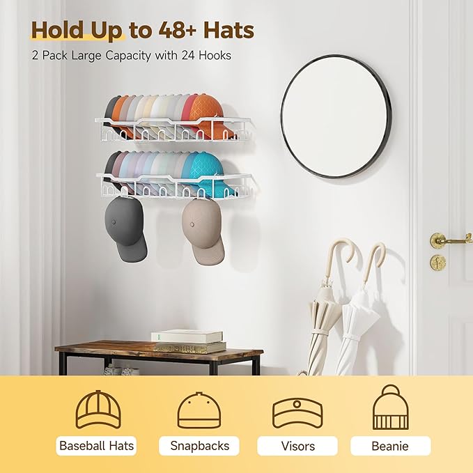Nicetree Hat Racks for Baseball Caps Wall - Metal Hat Organizer for 48 Baseball Caps Holder, 2 Pack Hat Storage Organizer for Closet, Bedroom, Living Room White