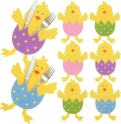 8 Pcs Easter Chick Cutlery Holders, 4 Assorted Colors Felt Tableware Pockets, Cute Chick Eggshell Silverware Pouches for Spring Party Table Decorations, Easter Brunch & Outdoor Picnic Decor