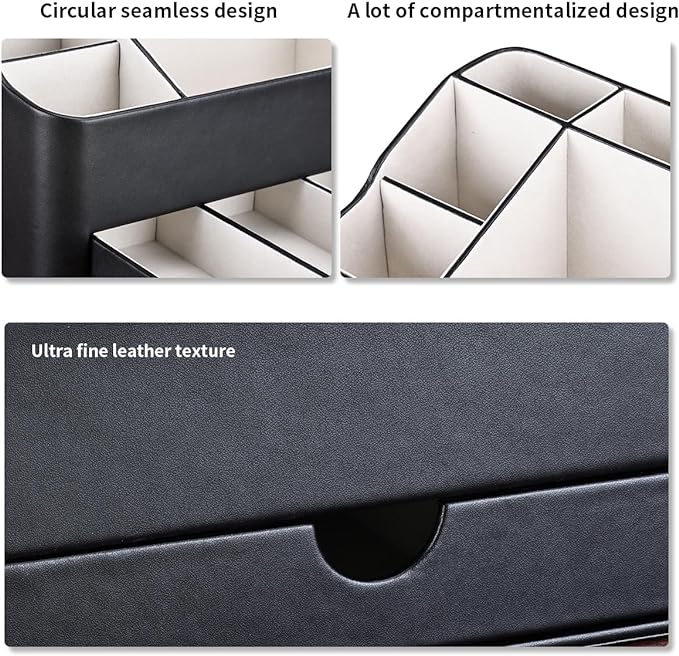 KINGFOM Leather Makeup Organizer with Drawer, Cosmetic Storage for Dresser Countertop and Bathroom Vanity, Beauty Holder for Lipstick Brush Skincare (Black)