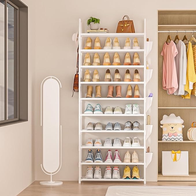 LUKYTOWER Tall Shoe Rack 10 Tier Shoe Racks Organizer for Closet 30-35Pairs,Large Capacity Storage Rack for Shoes with 5Hooks and Side Pocket,Sturdy Shoe Shelf, Vertical Shoe Stand Tower