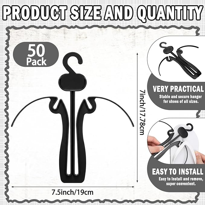 Novabright 50 Pcs Sandal Hangers 7 Inch Plastic Flip Flop Holder Organizer Small Shoe Hooks Hanging Rack Shoe Hangers for Retail Beach Shop Display Home Storage(Black)