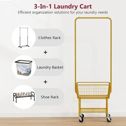 Tajsoon Laundry Cart with Wheels, Metal Rolling Laundry Hamper with Hanging Rack, Storage Basket and Shelf, Gold