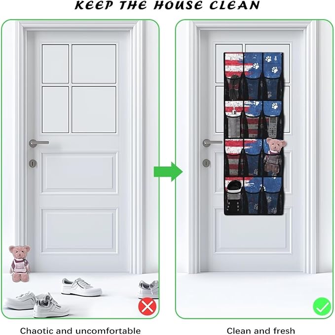 American Flag Over Door Organizer for Stuffies Collapsible Back of Door Shoe Organizer Large Capacity 4 Shelf 12 Clear Pockets Hanging Storage Bag for Shoes Cell Phones Belts Cookies