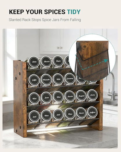 NESAPTO Spice Rack Organizer with 24 Glass Spice Jars, Wood 4-Tier Seasoning Organizer with Labels for Cabinet, Pantry, Countertop or Wall Mount, Chalk Marker and Funnel Set, 12.2" W × 9.4" H