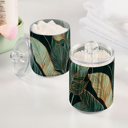 2 Pack Cotton Ball and Swab Organizers with Lid Elegant Leaf Print, Plastic Jars Set Bathroom Canisters Storage Organizer