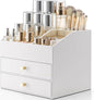 VLANDO Makeup Organizer for Vanity,Large Capacity Countertop Organizer with Drawers, PU Leather Cosmetic Display Case for Lipstick,Brushes,Skincare,Nail polish and Bedroom Storage (White)