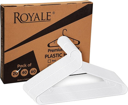 Royale Linens Plastic Hangers 20 Pack - White Clothes Hanger with Hooks – Heavy Duty Space Saving Coat Hangers Ideal for Everyday Use for Tops, Skirt, Dress, Shirts, Pants