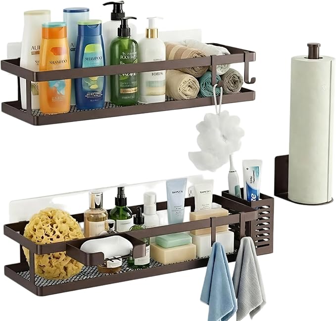 PUSDON 5-in-1 16.5" Extra Long Kitchen Organizer & Shower Caddy Set, Wall Mount Spice Rack with Paper Towel Holder, Utensil Holder & Soap Dish, Rustproof Mesh Storage Rack, Vintage Bronze, Guardrail