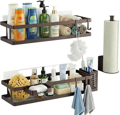 PUSDON 5-in-1 16.5" Extra Long Kitchen Organizer & Shower Caddy Set, Wall Mount Spice Rack with Paper Towel Holder, Utensil Holder & Soap Dish, Rustproof Mesh Storage Rack, Vintage Bronze, Guardrail