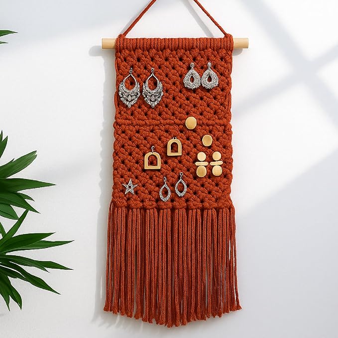 Macrame Jewelry Holder Rustic Boho Earring Organizer Display Crochet Weave Tapestry Wall Hanging Earring Holder Minimalist Vintage Decor Tassel for Women Girls Gift Bedroom Living Room Decor