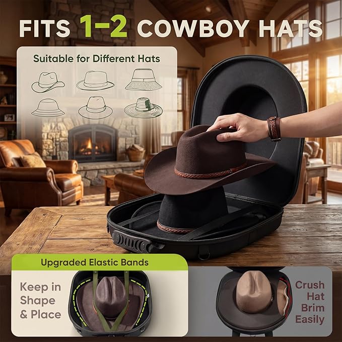Cowboy Hat Travel Case, Hard-Shell Crushproof Box w/Adjustable Strap, Large Carrier Fits 1–3 Cowboy/Fedora/Panama Hats, Magnetic Closure, Pocket, Black