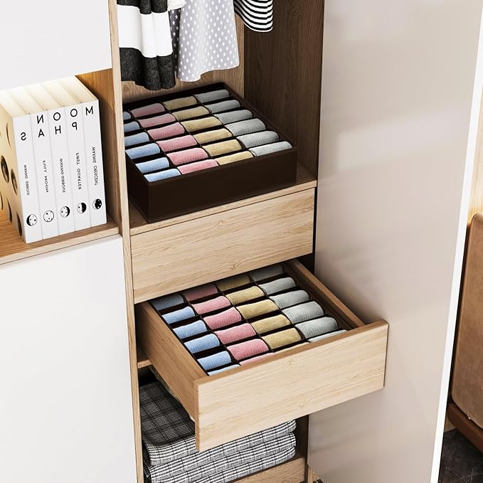 Joyoldelf Sock Organizer Drawer Organizer - 2 Packs Underwear Organizer, 24 Cells Collapsible Closet Organizers and Storage Sock Holders Organizers for Storing Socks, Ties, Belts (Brown), LF001Brown