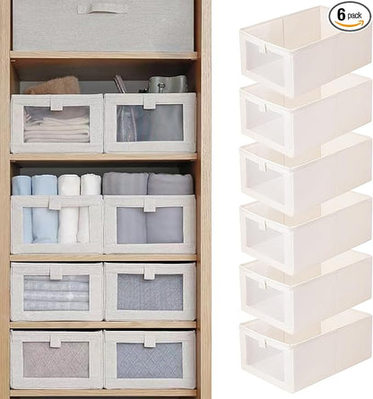 Linen Closet Organizers And Storage, 6 Pack Closet Storage Bins Linen Closet Baskets for Closet Organization Foldable Closet Organizer Bins with Clear Window For Organizing Clothing, Jeans, Shelves