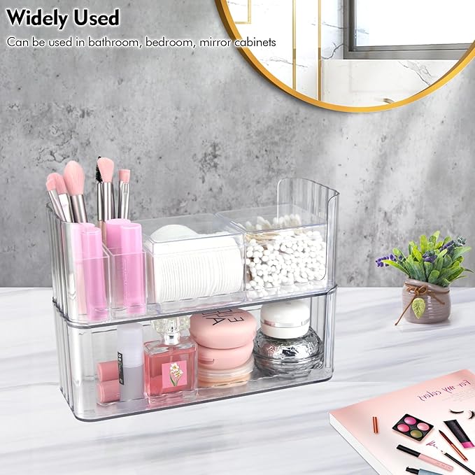 Poeland 2 Pack Stackable Makeup Organizer Tray, Transparent Cosmetic Display Case with 2 Lipstick Cases and 2 Cotton Swab Pad Boxes, Medicine Cabinet Shelves Organizer