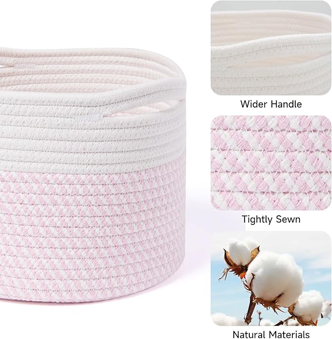 MiniArk Small Basket for Organizing | Cube Shelf Closet Storage Baskets | 9.7×9.7×7.1” | Woven Rope Gift Basket | Nursery | Round 3 Packs Pink