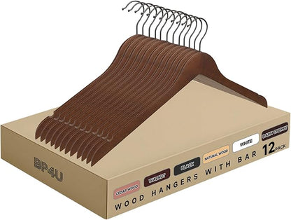 Premium Wooden Top Hangers, Heavy Duty Solid Wood Suit Hangers with 360° Swivel Hook & Anti-Slip Notches, Durable Clothes Hangers for Jackets, Coats, Shirts & Dresses(Walnut/12-Pack)