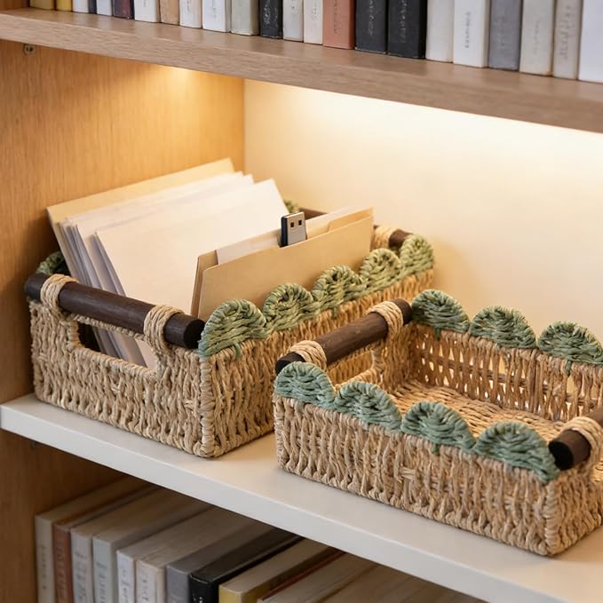 Wicker Basket with Built-in Handles, Small Scalloped Basket for Organizing, Set of 2 Decorative Baskets for Home and Toilet Paper Storage（Beige+Green）