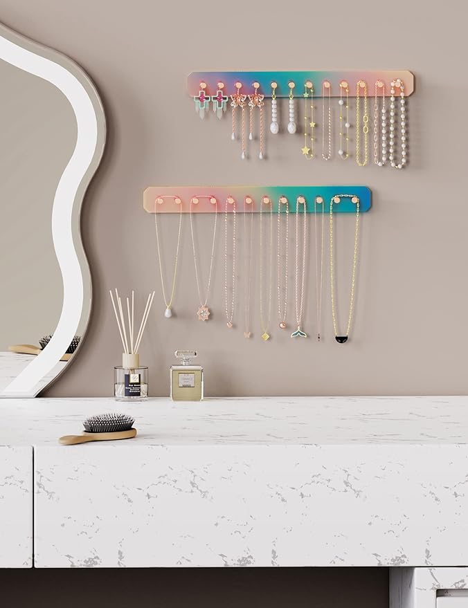 NiHome Wall Mount Acrylic Jewelry Organizer 2-Pack, Durable Sleek Rack Strong Carbon Steel Hooks for Dressing Table, Bathroom, Kitchen, Hassle-Free Installation Multiple Mounting Options (Iridescent)