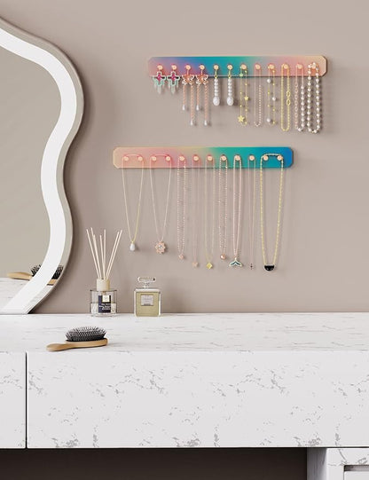 NiHome Wall Mount Acrylic Jewelry Organizer 2-Pack, Durable Sleek Rack Strong Carbon Steel Hooks for Dressing Table, Bathroom, Kitchen, Hassle-Free Installation Multiple Mounting Options (Iridescent)