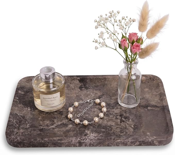 Dark Grey Marble Vanity Tray for Bathroom Counter-12 X7 Decorative Tray for Perfume, Candles, Stone Jewelry Dish Tray