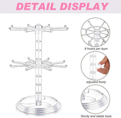 2 Pack Keychain Display Stand Rotating Jewelry 2 Tier Necklace Holder Plastic Spinning Bracelet Hanging Organizer Rotating Rack Earring Bracelet Stands for Vendors Malls Counter Dressing Table