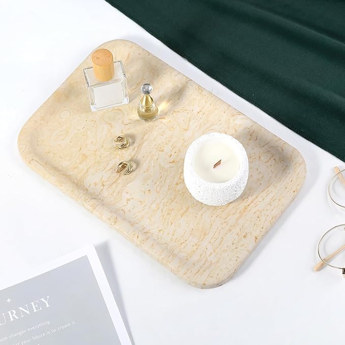 Koville Marble Tray, 12"x8" Marble Vanity Tray for Countertop Bathroom Kitchen Dresser, Decorative Catchall Trays for Perfume Jewelry, Rectangular Stone Serving Tray(Beige)