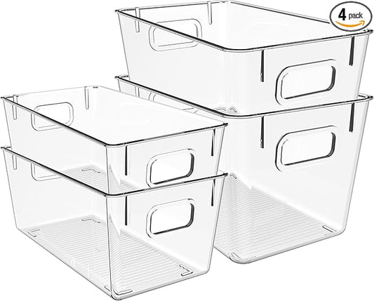 4 PCS Clear Plastic Storage Bins, Mixed Size (2 Large + 2 M) Pantry Organizer Containers with Easy-Grip Handles for Refrigerator, Kitchen, Cabinets, Countertops & Home Organization
