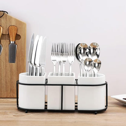 Buyajuju 3 Piece Porcelain Flatware Holder Caddy with Metal Rack, Utensil Holder Caddy For Spoons, Knives and Forks Cutlery Organizer