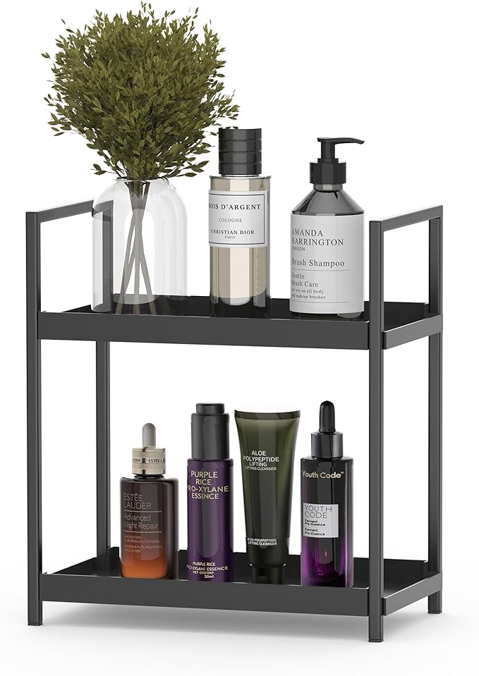 Bathroom Organizer Countertop, 2 Tier Counter Storage Shelf for Makeup Perfume Skincare Cosmetic Beauty Product, Small Vanity Countertop Tray Stand Rack Holder for Mens Bathroom Sink Dresser, Black