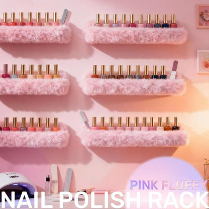 YMVV Nail Polish Wall Shelf - 15-Inch Furry Plush Display & Organizer Rack, Holds 60+ Polishes, Soft Ledge for Bedroom, Bathroom, Salon - Protects Bottles from Scratches，6 Pack Pink