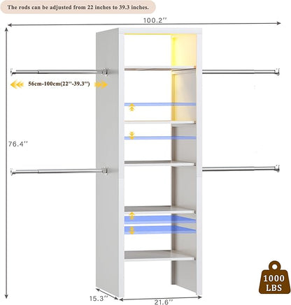 100'' Closet System with 4 Hanging Rods & LED Lights, 2-8 FT Wood Closet Organizer Systems with 5 Shelves, 6 Height Adjustable, Walk-in Closet Organizer Wardrobe Clothes Rack, Garment Rack, White