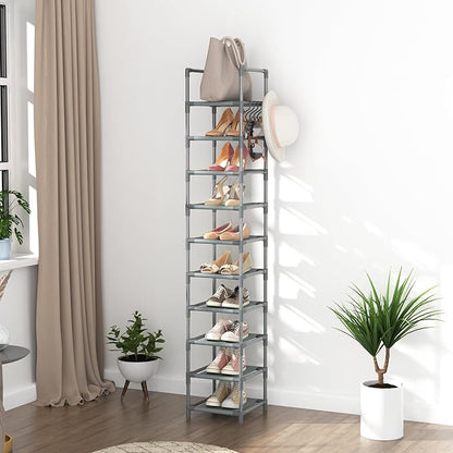 LANTEFUL Narrow Shoe Rack 10-Tier Tall Shoe Organizer Skinny Shoe Shelf Storage for 10-15 Pairs Shoe and Boot, Space Saving Corner Shoe Rack Organizer for Closet, Entryway, Living Room, Grey