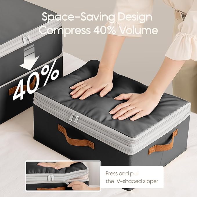 Homosorout Large Closet Storage Bins - Compression Organizer Bins, Stackable Closet Organizer, Expandable Under Bed Storage Containers for Clothes, Towels, Sheet, 4 Pack, Black