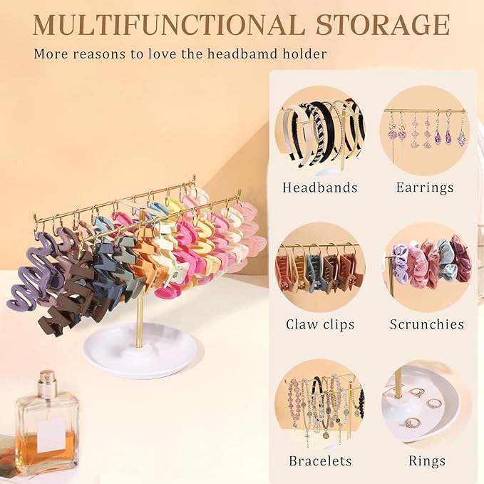 Metal Headband Holder Organizer, 2-Tier Headband Storage with Tray, Hairband Display Stand with Golden Rings, Hair Accessories Claw Clip Organizer for Women and Girls (Gold)