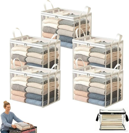 Large Heavy-Duty Thick Plastic Clear Storage Bag for Clothes, Moving & Storage, 2026 Upgraded with Reinforced Handles & Zipper, Stackable Foldable Bins Totes Bags (White, 5Pcs)