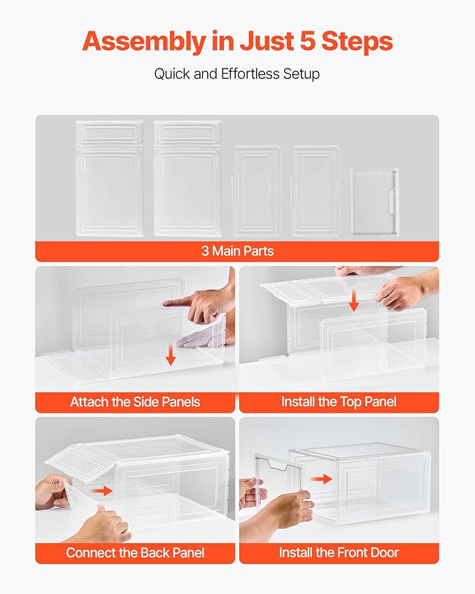VEVOR Shoe Storage Boxes, 6 Pack Clear Stackable Shoe Boxes Storage Organizers with Magnetic Door, Fit up to US Size 13, Plastic Sneaker Containers for High Heels, Boots, and Hats, Transparent White