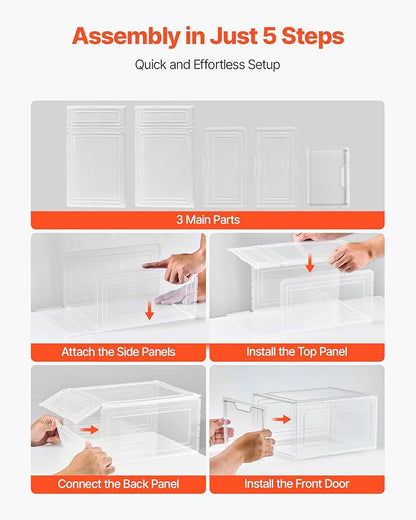 VEVOR Shoe Storage Boxes, 6 Pack Clear Stackable Shoe Boxes Storage Organizers with Magnetic Door, Fit up to US Size 13, Plastic Sneaker Containers for High Heels, Boots, and Hats, Transparent White