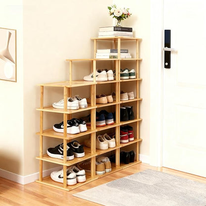 Aniston 5 Tier Small Shoe Rack Bamboo, Free Standing Slim Narrow Shoe Storage, Vertical Tall Shoe Shelf Organiser for Garage, Closet, Doorway, Corner, Living Room Small Spaces