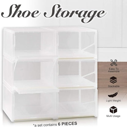 AJP Distributors 6-Pack Push-Pull Drawer Type Stackable Shoe Storage Container Box Organizer with 120° Lids for Home Closet & Entryway Sneakers Shoes Cabinet Bins Transparent Plastic Boxes Set (Clear)