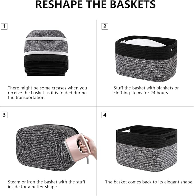 4 Pack Storage Baskets for Organizing, Woven Baskets for Shelves - Perfect for Toys, Books, Towels, and Clothes, Durable Gift Basket Bins Toy Storage, 12.7''Lx9''Wx7.8''H, Dark Grey and Black