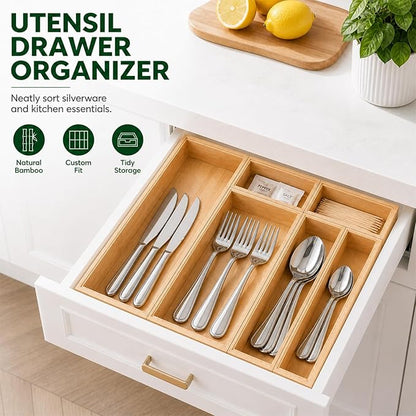 Bamboo Kitchen Drawer Organizer for Utensils, Set of 6 Stackable Silverware Tray for Drawer, Multi-Use Storage Bamboo Trays for Utensil Holde, Office, Makeup, Jewelry, Bathroom