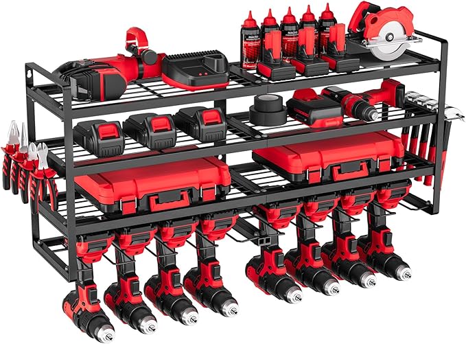 VEVOR Power Tool Organizer Wall Mount, 4-Layer Storage Rack with 8 Drill Holders, Tools Holder and Storage Rack with Screwdriver Holder, Garage Tool Organizer for Garage, Workbench, and Workshop