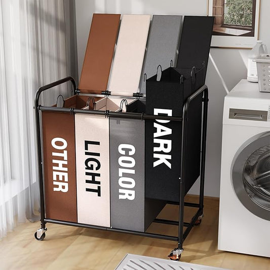 180L Laundry Sorter 4 Section – Heavy Duty Rolling Laundry Basket with Lockable Wheels and Lid, 4 Large Separate Removable Bags, Laundry Hamper Cart for Laundry Room Organizer (Multicolor)