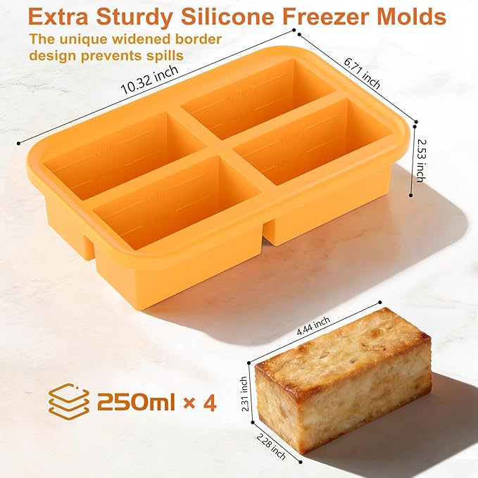Bangp Silicone Freezer Tray for Soup Ice Cubes,1-Cup Freezing Tray with Lid for Meal Prep,Rice,Broth,Sauce,Leftovers. Makes 4 Perfect 1 Cup Portions. Oven & Dishwasher-Safe