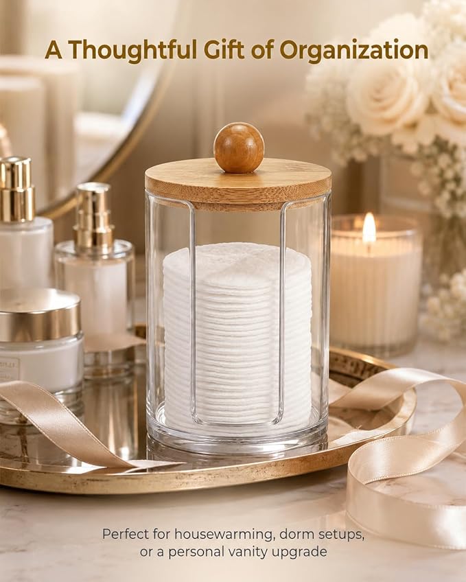Cotton Round Holder with Bamboo Lid - 10oz Clear Plastic Cotton Pad Dispenser with U-Shaped Side Slot, Shatterproof Apothecary Jar for Makeup Remover Pads, Bathroom Vanity Countertop Storage